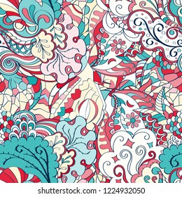 Tracery seamless pattern. Mehndi design. Ethnic colorful doodle texture. Curved doodling background. Vector