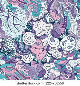 Tracery seamless pattern. Mehndi design. Ethnic colorful doodle texture. Curved doodling background. Vector