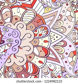 Tracery seamless pattern. Mehndi design. Ethnic colorful doodle texture. Curved doodling background. Vector