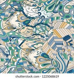 Tracery seamless pattern. Mehndi design. Ethnic colorful doodle texture. Curved doodling background. Vector