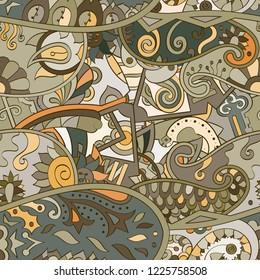 Tracery seamless pattern. Mehndi design. Ethnic colorful doodle texture. Curved doodling background. Vector
