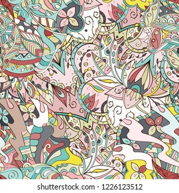 Tracery seamless pattern. Mehndi design. Ethnic colorful doodle texture. Curved doodling background. Vector