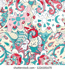 Tracery seamless pattern. Mehndi design. Ethnic colorful doodle texture. Curved doodling background. Vector