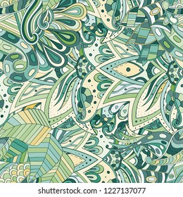Tracery seamless pattern. Mehndi design. Ethnic colorful doodle texture. Curved doodling background. Vector
