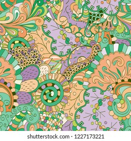 Tracery seamless pattern. Mehndi design. Ethnic colorful doodle texture. Curved doodling background. Vector