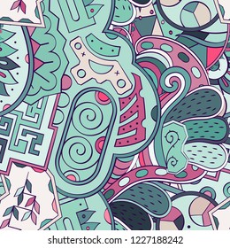 Tracery seamless pattern. Mehndi design. Ethnic colorful doodle texture. Curved doodling background. Vector