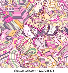 Tracery seamless pattern. Mehndi design. Ethnic colorful doodle texture. Curved doodling background. Vector