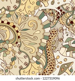 Tracery seamless pattern. Mehndi design. Ethnic colorful doodle texture. Curved doodling background. Vector