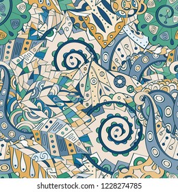 Tracery seamless pattern. Mehndi design. Ethnic colorful doodle texture. Curved doodling background. Vector