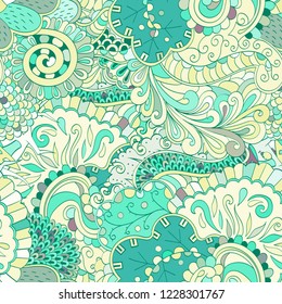 Tracery seamless pattern. Mehndi design. Ethnic colorful doodle texture. Curved doodling background. Vector