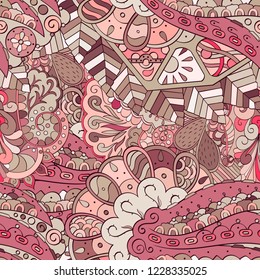 Tracery seamless pattern. Mehndi design. Ethnic colorful doodle texture. Curved doodling background. Vector
