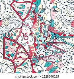 Tracery seamless pattern. Mehndi design. Ethnic colorful doodle texture. Curved doodling background. Vector