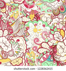 Tracery seamless pattern. Mehndi design. Ethnic colorful doodle texture. Curved doodling background. Vector