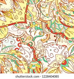 Tracery seamless pattern. Mehndi design. Ethnic colorful doodle texture. Curved doodling background. Vector
