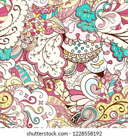 Tracery seamless pattern. Mehndi design. Ethnic colorful doodle texture. Curved doodling background. Vector