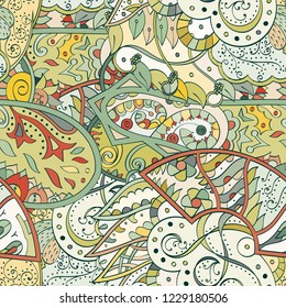 Tracery seamless pattern. Mehndi design. Ethnic colorful doodle texture. Curved doodling background. Vector