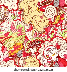 Tracery seamless pattern. Mehndi design. Ethnic colorful doodle texture. Curved doodling background. Vector