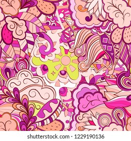 Tracery seamless pattern. Mehndi design. Ethnic colorful doodle texture. Curved doodling background. Vector