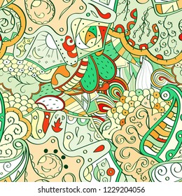 Tracery seamless pattern. Mehndi design. Ethnic colorful doodle texture. Curved doodling background. Vector