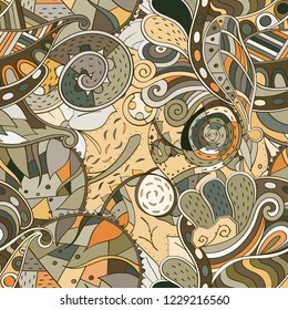 Tracery seamless pattern. Mehndi design. Ethnic colorful doodle texture. Curved doodling background. Vector