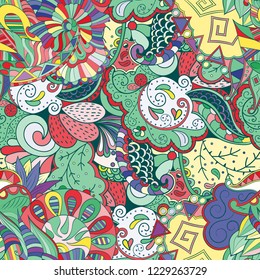 Tracery seamless pattern. Mehndi design. Ethnic colorful doodle texture. Curved doodling background. Vector