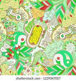 Tracery seamless pattern. Mehndi design. Ethnic colorful doodle texture. Curved doodling background. Vector