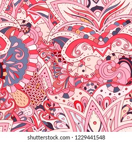 Tracery seamless pattern. Mehndi design. Ethnic colorful doodle texture. Curved doodling background. Vector
