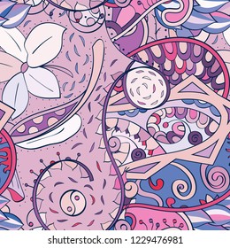 Tracery seamless pattern. Mehndi design. Ethnic colorful doodle texture. Curved doodling background. Vector