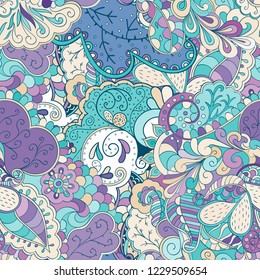 Tracery seamless pattern. Mehndi design. Ethnic colorful doodle texture. Curved doodling background. Vector