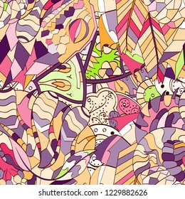 Tracery seamless pattern. Mehndi design. Ethnic colorful doodle texture. Curved doodling background. Vector