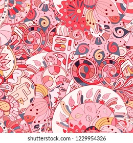 Tracery seamless pattern. Mehndi design. Ethnic colorful doodle texture. Curved doodling background. Vector