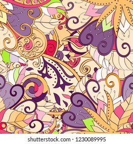 Tracery seamless pattern. Mehndi design. Ethnic colorful doodle texture. Curved doodling background. Vector