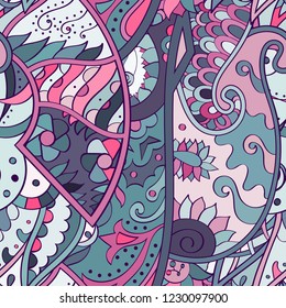Tracery seamless pattern. Mehndi design. Ethnic colorful doodle texture. Curved doodling background. Vector