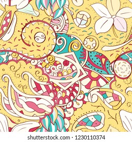 Tracery seamless pattern. Mehndi design. Ethnic colorful doodle texture. Curved doodling background. Vector