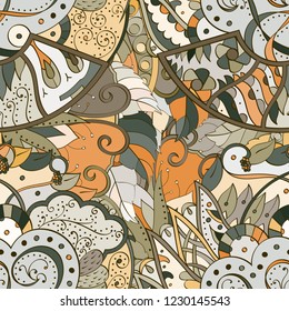 Tracery seamless pattern. Mehndi design. Ethnic colorful doodle texture. Curved doodling background. Vector