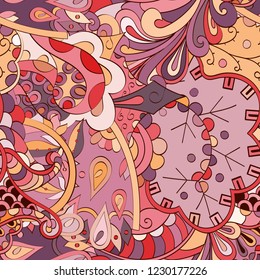 Tracery seamless pattern. Mehndi design. Ethnic colorful doodle texture. Curved doodling background. Vector