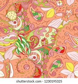 Tracery seamless pattern. Mehndi design. Ethnic colorful doodle texture. Curved doodling background. Vector