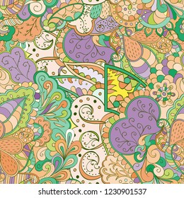 Tracery seamless pattern. Mehndi design. Ethnic colorful doodle texture. Curved doodling background. Vector