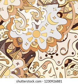 Tracery seamless pattern. Mehndi design. Ethnic colorful doodle texture. Curved doodling background. Vector
