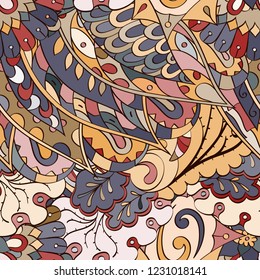 Tracery seamless pattern. Mehndi design. Ethnic colorful doodle texture. Curved doodling background. Vector