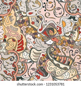 Tracery seamless pattern. Mehndi design. Ethnic colorful doodle texture. Curved doodling background. Vector