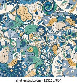 Tracery seamless pattern. Mehndi design. Ethnic colorful doodle texture. Curved doodling background. Vector