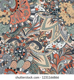 Tracery seamless pattern. Mehndi design. Ethnic colorful doodle texture. Curved doodling background. Vector