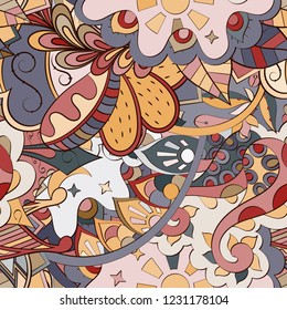 Tracery seamless pattern. Mehndi design. Ethnic colorful doodle texture. Curved doodling background. Vector