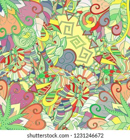 Tracery seamless pattern. Mehndi design. Ethnic colorful doodle texture. Curved doodling background. Vector