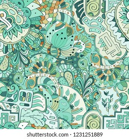 Tracery seamless pattern. Mehndi design. Ethnic colorful doodle texture. Curved doodling background. Vector