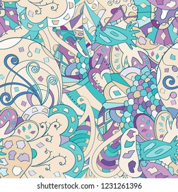 Tracery seamless pattern. Mehndi design. Ethnic colorful doodle texture. Curved doodling background. Vector