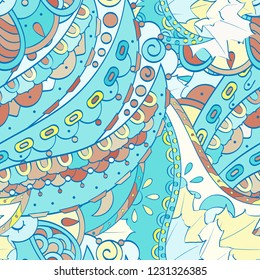 Tracery seamless pattern. Mehndi design. Ethnic colorful doodle texture. Curved doodling background. Vector