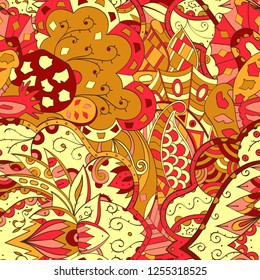 Tracery seamless pattern. Mehndi design. Ethnic colorful doodle texture. Curved doodling background. Vector