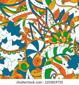 Tracery seamless pattern. Mehndi design. Ethnic colorful doodle texture. Curved doodling background. Vector